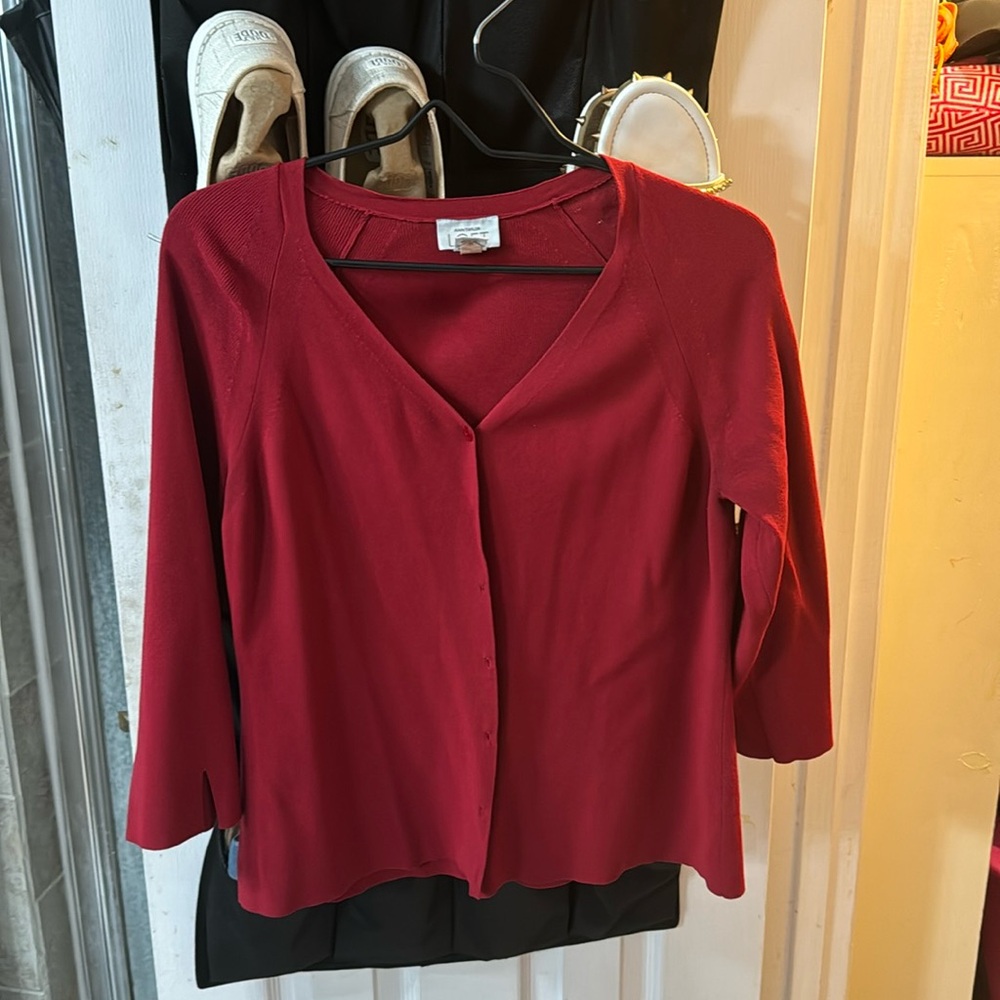Red button-down sweater